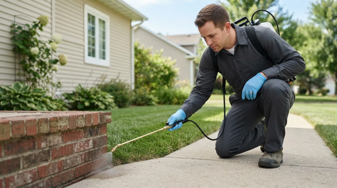 Pest control technician treating a home near Hope, KS